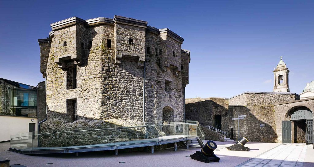 Athlone Castle Keep located in the courtyard of the castle grounds on a bright, sunny day.