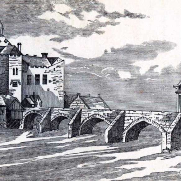 A black and white illustration of the old Elizabethan bridge that played a vital role in the Great Siege of Athlone in 1691.