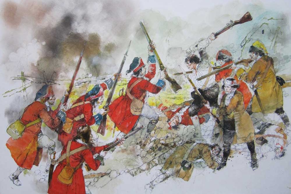 A Victor Ambrus illustration showing the coming together of both armies, the Williamites and the Jacobites. See just how strong the Williamite forces were as they bombared their way past the Jacobite army to conquer Athlone Castle.