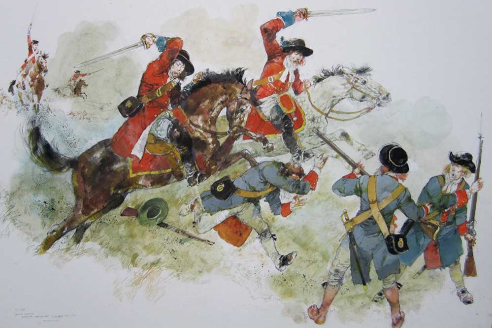 A Victor Ambrus illustration of the strong Williamite army on horseback attacking the Jocobites who are trying to defend Athlone Castle.