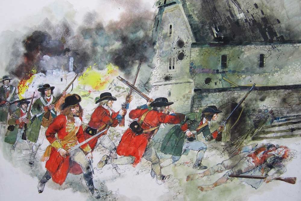 A Victor Ambrus illustration of the powerful Williamite army attacking the town of Athlone