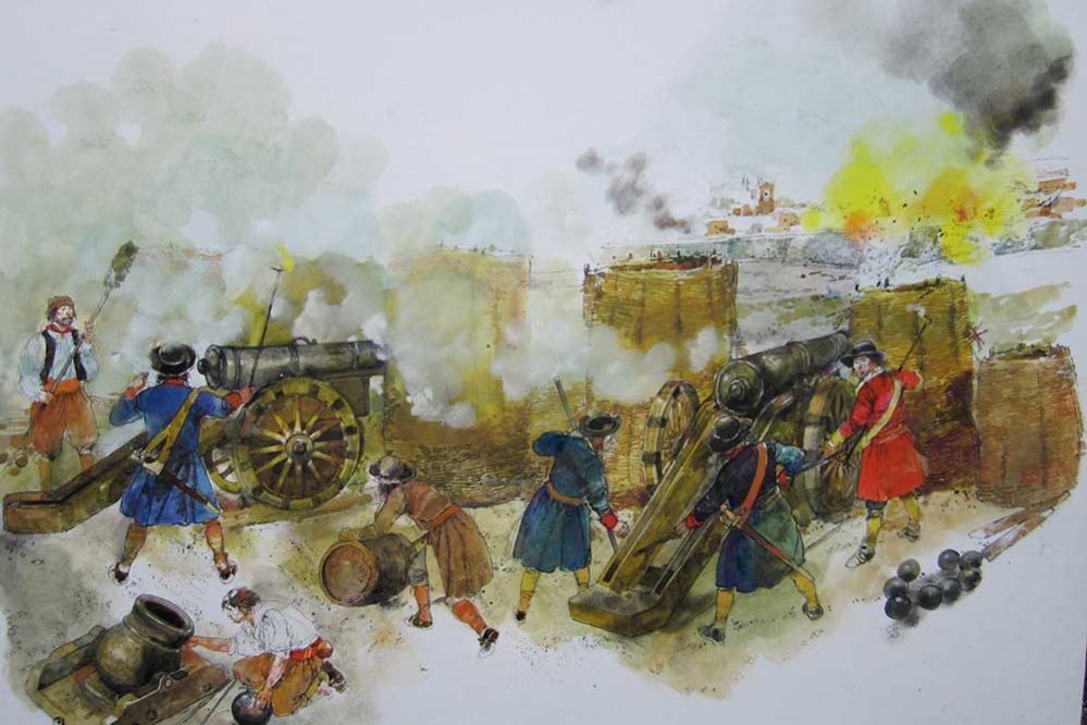 A Victor Ambrus illustration full of colour as the cannons are rolled out during the Great Siege of Athlone. Bombarding the town with heavy cannon balls and hand grenades, creating a huge cloud of smoke above the town.