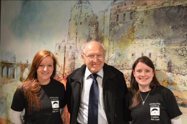 Illustrator, Victor Ambrus with Joanna Grobosz and Mary Bannon all looking very happy at the official opening of Athlone Castle Visitor Centre on the 26th February 2013. They stand in front of one of Victor’s beautiful illistrations.