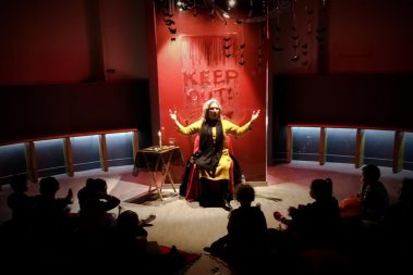 Halloween at Athlone Castle Visitor Centre. We have transformed one of our rooms into a spooky storytelling space. Here some kids gather in the dimply lit room to hear some spooky Halloween stories told by Nuala Hayes.