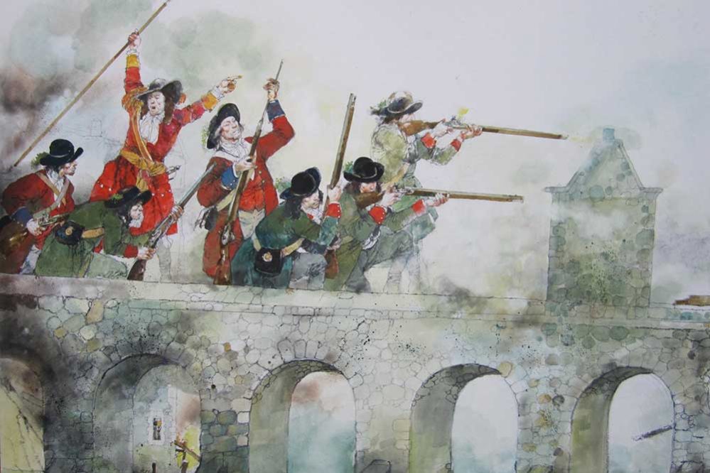 A Victor Ambrus illustration of the Jacobite army under King James fighting with all their might and meagre weaponry to try and defend Athlone Castle from the strong Williamite army.