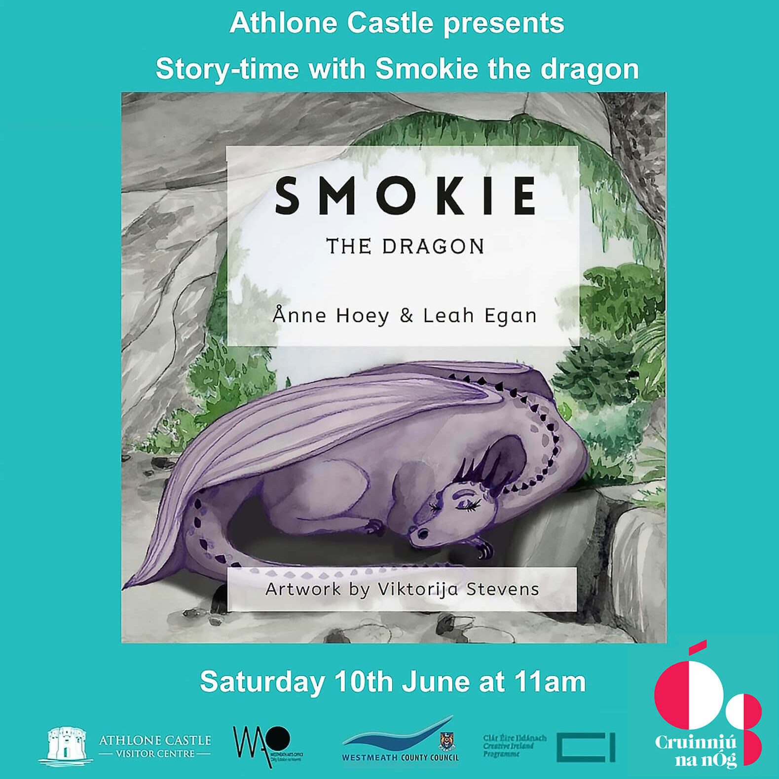 'Story-time with Smokie the dragon' A Free Storytelling Event With Lea Egan at Athlone Castle Visitor Centre on Saturday 10th June to coincide with Cruinniú na nÓg celebrations throughout Ireland